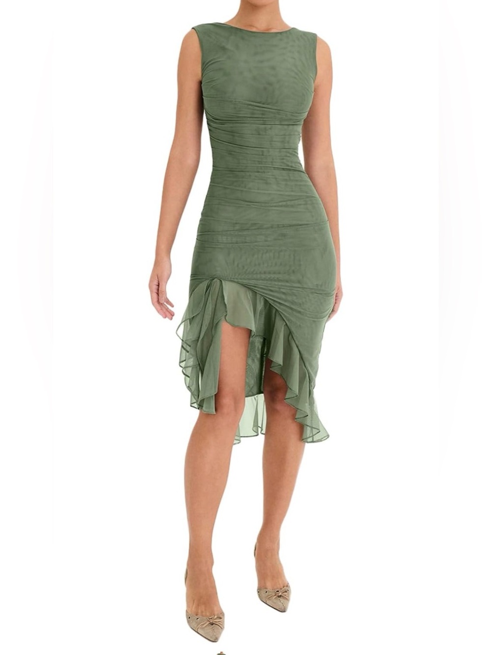 Sleeveless Olive Green Ruffled High-Low Dress